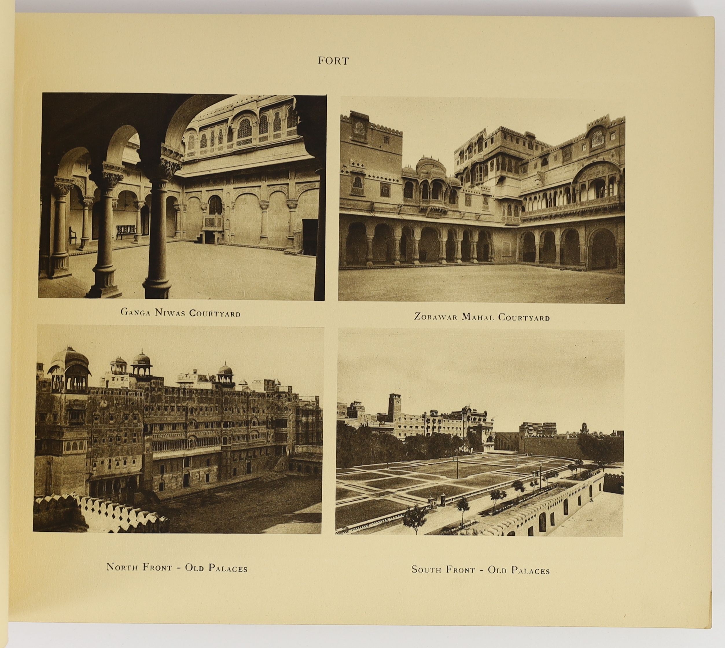 Bikaner State. Oblong folio, Editions de Luxe, Paris, n.d. [c.1930]. 50 leaves of sepia photographs in wrappers including, The Fort, Lallgarh Palace, Gajner [Palace] and Bikaner, first leaf detached. Front wrapper and th